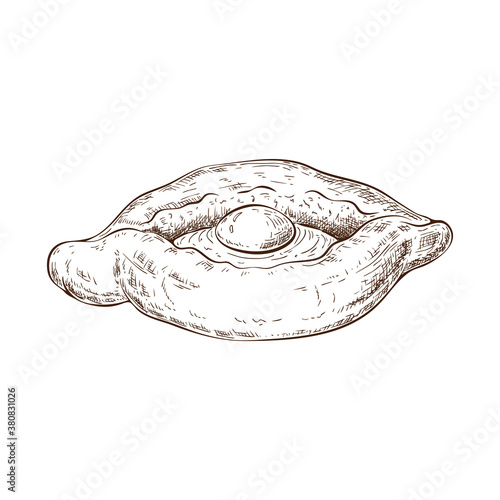 traditional boat pie with cheese and egg hand drawn isolated on white. Ajarian or georgian khachapuri drawing. bakery vector sketch in vintage engraved style. rustic pastry illustration. for design.