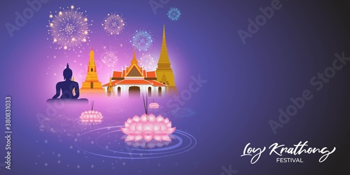 Vector illustration of Loy Krathong festival banner, thailand festival, thailand famous buildings, buddha festival, lotus in water with incense sticks, beautiful fireworks in background.
