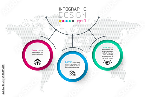 Circles label infographic with 3 steps.