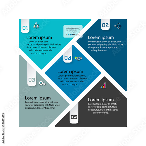 Bar labels infographic with 5 steps in square shape.