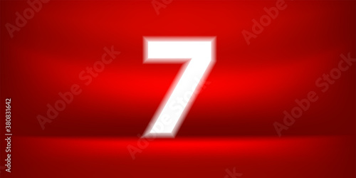 Number seven white glow on red luxurious background, No. 7 on red background, Number 7 for Banner Anniversary