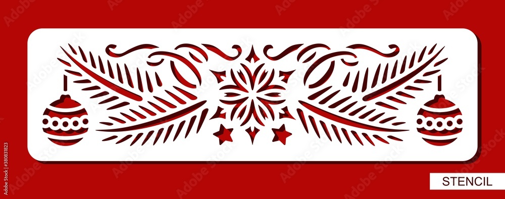 Stencil decorative Christmas border with fir tree branch, stars, snowflake, balls, ribbons. Decoration template for walls or cards. Vector layout for laser cutting or paper cut.