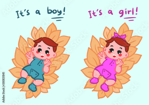 baby gender reveal boy and girl character hand drawn cartoon character