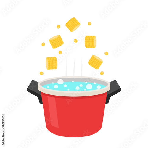 Boiled corn. Corn on white background. Boil water. Hot pot. Pot cartoon vector. Water in pot. 