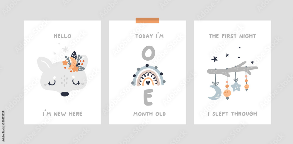 Baby month anniversary card. Baby milestone cards with cute wolf, fox character and rainbow. Baby shower print capturing all the special moments.  Nursery prints for newborn girl or boy