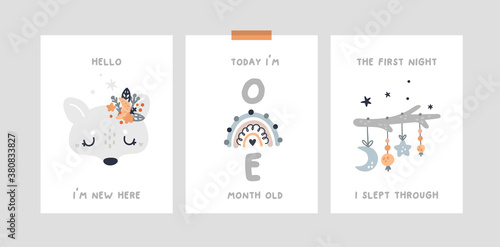 Baby month anniversary card. Baby milestone cards with cute wolf, fox character and rainbow. Baby shower print capturing all the special moments.  Nursery prints for newborn girl or boy