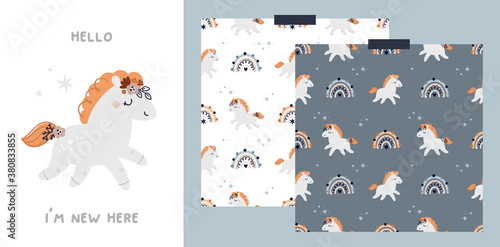Baby milestone card with cute unicorn horse and patterns for newborn girl or boy. Rainbow pattern. Set with baby shower print with pony or horse. Nursery prints for textile, apparel, wrapping paper