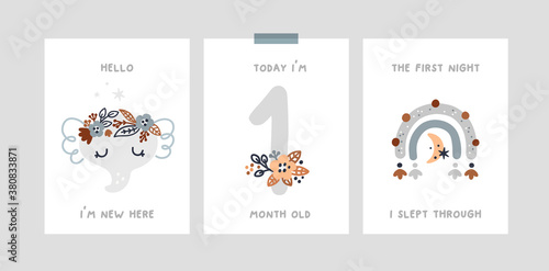 Baby milestone cards with cute baby animal character and rainbow for newborn girl or boy. Baby shower print capturing all the special moments. Baby month anniversary card. Nursery prints