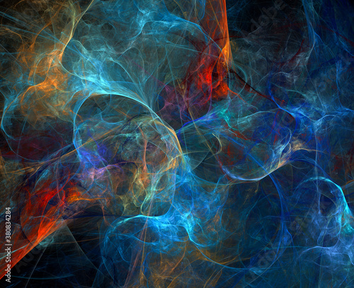A colorful, backlit fog ripples across a dark background. Abstract fractal background. 3d rendering. 3d illustrations.