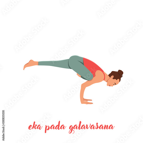 Sporty young man doing yoga, pilates, fitness training, asana Eka Pada Galavasana, Flying Pigeon (flying crow) Pose, One-Legged Balance, isolated on white background