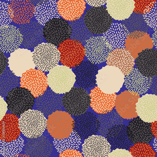 Vector pom pom bobble seamless pattern, trendy color, fall 2020, grey, orange, black, almond, blue, wine red. Repeating pattern.