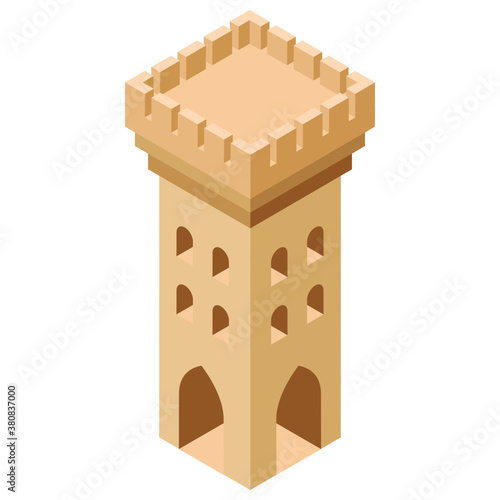  Isometric icon of castle pillar, medieval castle concept 