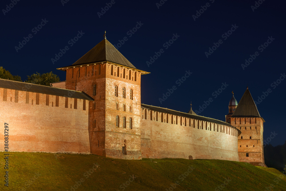 At the walls of the Veliky Novgorod Kremlin on a summer evening