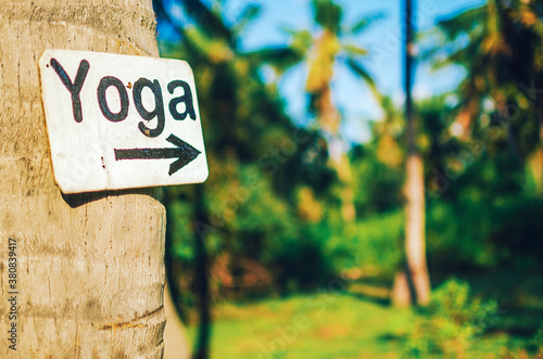 Simple wooden Yoga sign on a palm tree photo