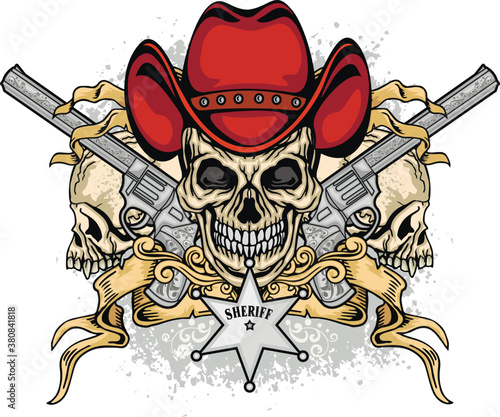 cowboys  skull in hat and guns, grunge vintage design t shirts