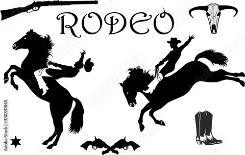 Man riding bucking bronco in rodeo wild west