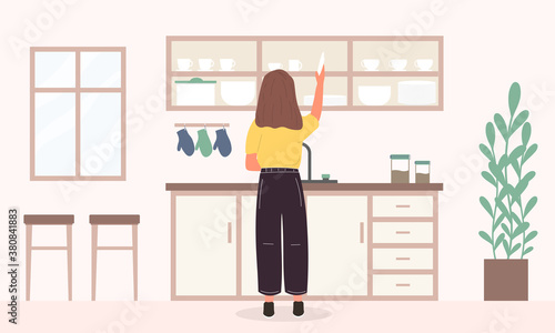 Young woman washing dishes in the kitchen. Flat cartoon vector illustration