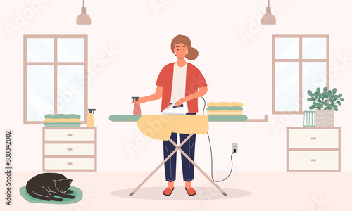 Young woman Ironing clothes. Flat cartoon vector illustration