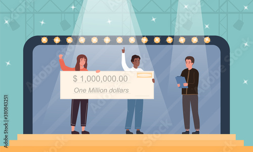 The male and female winners of an intellectual quiz show on television holding a winning 1 million ticket. Flat vector illustration. photo