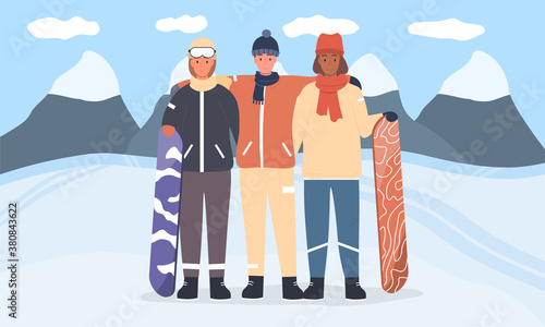 A diverse group of young people snowboarders taking photo hugging standing at the snow-covered slope of the mountain. Flat vector illustration