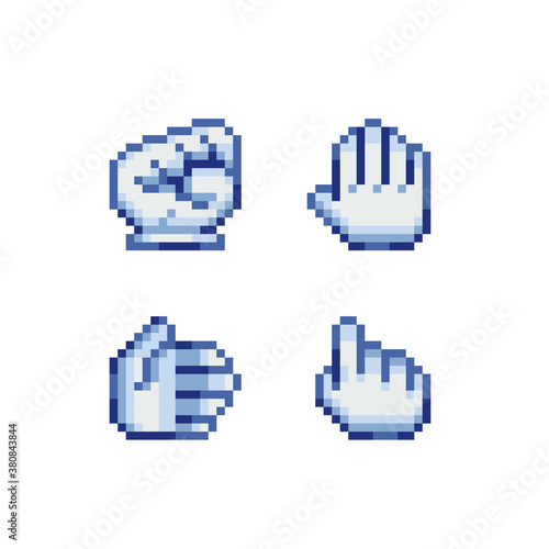 Hand cursor pixel art set. Rock sign gesture. Hand pointer. Forefinger up. Video game sprite. Isolated vector illustration. Design for stickers, logo, embroidery, mobile app.