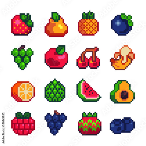 Fruits icons set, pixel art, pineapple, pear, kiwi, apple, grape, watermelon, cherry, lime, raspberry and peach. Design for logo, sticker and mobile app. Isolated vector illustration. © thepolovinkin