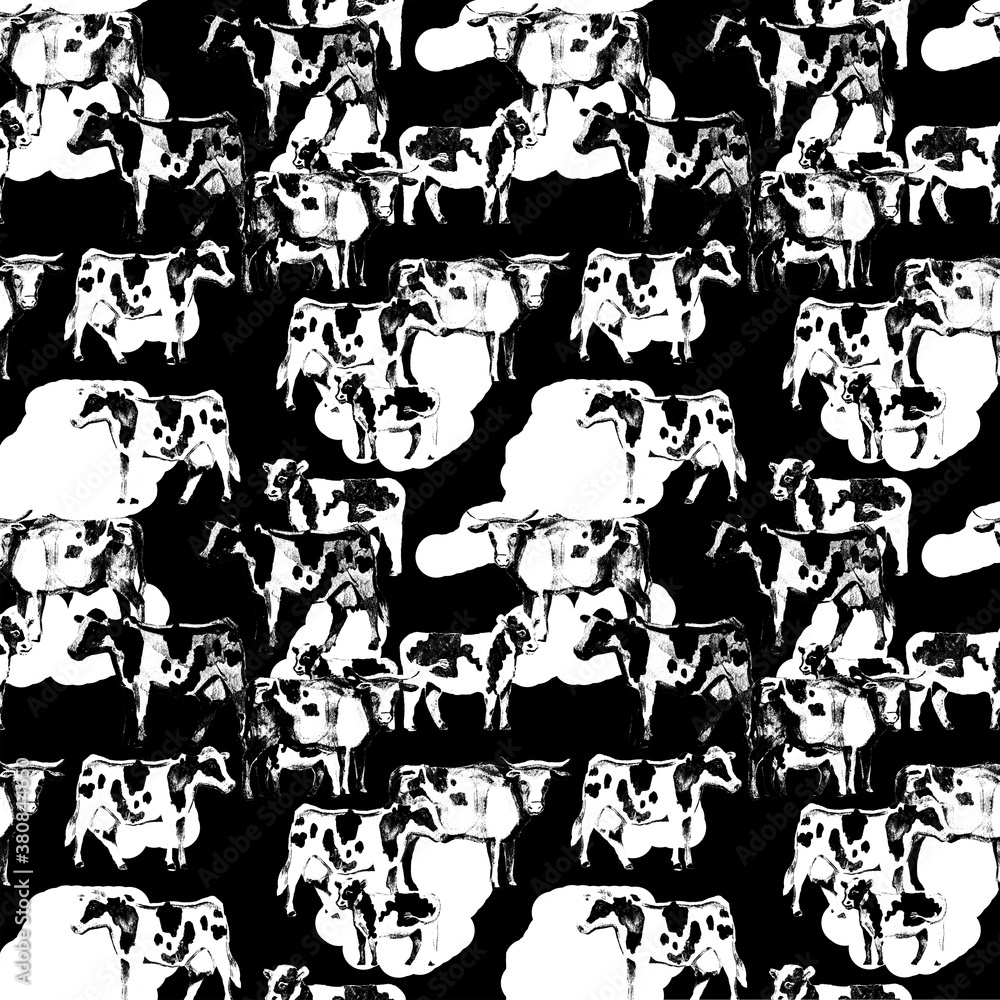 Black and white seamless abstract pattern with cows