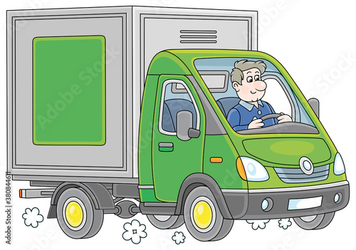 Smiling driver in his small green delivery van for transporting goods, vector cartoon illustration on a white background