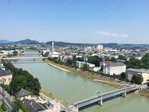 View of the old town and the Salzach river, seen from mountain in Salzburg, Austria