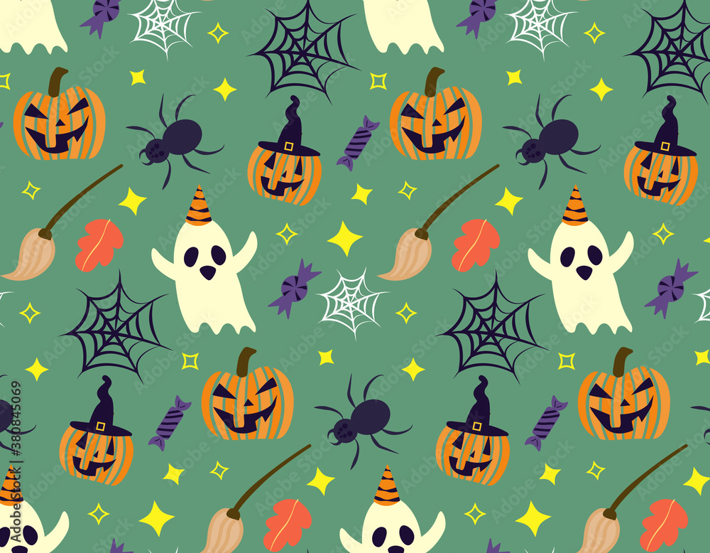 Pattern seamless halloween. Creative vector background with spider,cobweb, witch hat,broom, ghost,pumpkin.Design pattern Pattern seamless halloween. Creative vector background with spider,cobweb, witch hat,broom, ghost,pumpkin.Design pattern