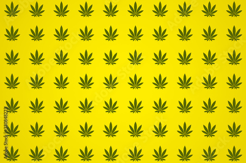 Cannabis leaves on a yellow background.Pattern.3D rendering.
