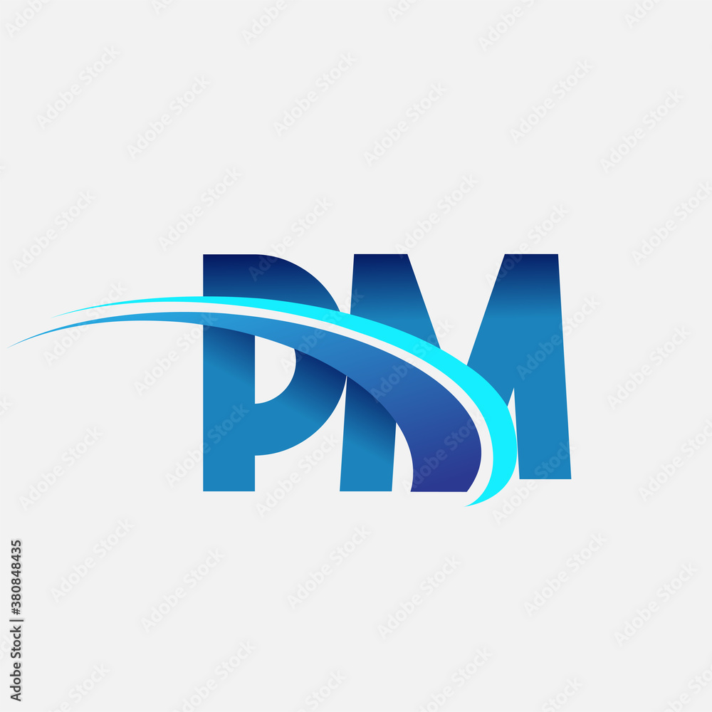 initial letter PM logotype company name colored blue and grey