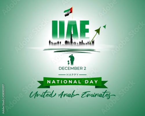 Vector illustration of United Arab Emirates national day, 2nd december, UAE flag, soldier with rifle and helmet, UAE skyline, airforce craft.