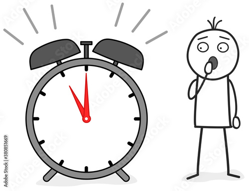 Strichmännchen ist zu spät und schaut auf die Uhr