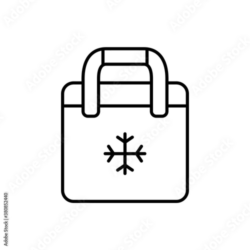 Bag refrigerator. Line art icon of picnic cooler bag. Black simple illustration of plastic or textile thermobox with snowflake. Contour isolated vector pictogram on white background