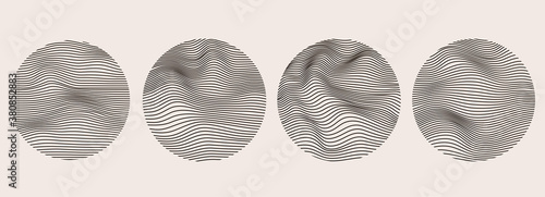 Spheres of wavy dynamic lines. Imitation fluid geometric shapes. Abstract mesh design