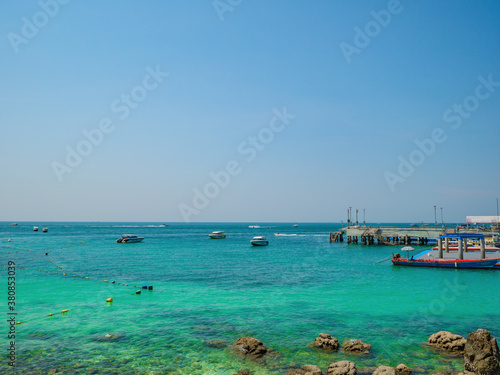 Chonburi/Thailand - 20 apr 2019:Tropical Idyllic Ocean and Boat on Koh lan Island in vacation time. Koh lan island is the Famous island near Pattaya city the Travel Destination in Thailand