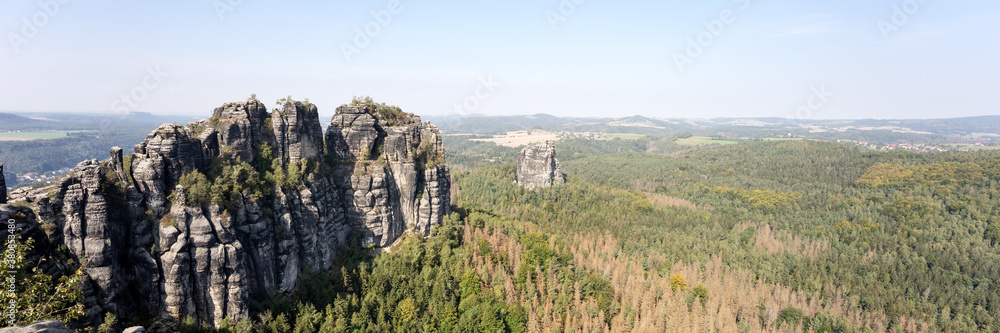 Panoramic view on the schrammstein rocks in saxon switzerland. Saxony. Germany