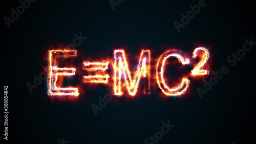 Burning inscription E mc2, computer generated. 3d rendering of Albert Einsteins physical formula. Scientific graphic backdrop photo