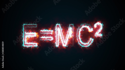 Burning inscription E mc2, computer generated. 3d rendering of Albert Einsteins physical formula. Scientific graphic backdrop