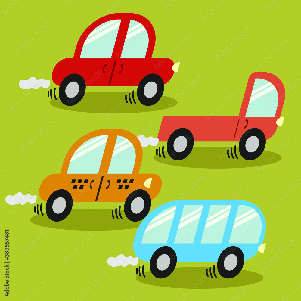 Naklejka premium Set Vector drawing of machines in flat design. Road, driving, transportation in cartoon style.