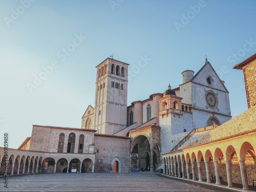 Famous Basilica of St. Francis of Assisi with Lower Plaza at sunset photo
