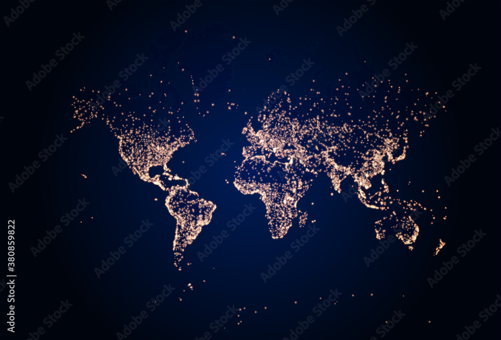 Earth night map. Vector illustration of cities lights from space. Dark map