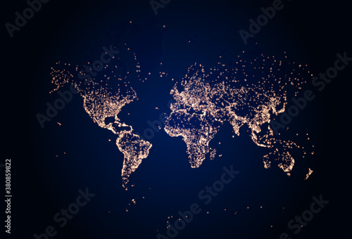 Obraz na płótnie Earth night map. Vector illustration of cities lights from space. Dark map w salonie