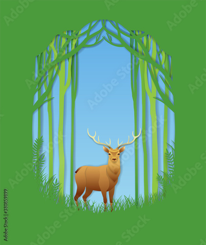 Paper art and digital craft style of deer in the green forest