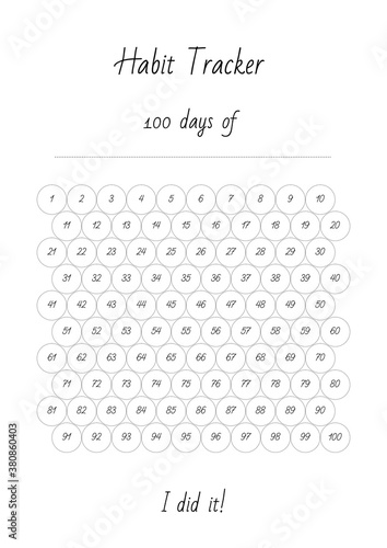 100 days of... Habit Tracker. Blank printable vertical notebook page. Vector 8 ESP.