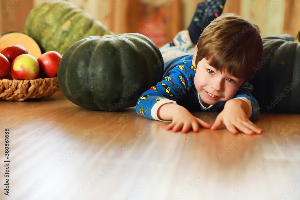 Little child choose a pumpkin at autumn. Child sitting on giant pumpkin. Pumpkin is traditional vegetable used on American holidays - Halloween and Thanksgiving Day. Little child choose a pumpkin at autumn. Child sitting on giant pumpkin. Pumpkin is traditional vegetable used on American holidays - Halloween and Thanksgiving Day.