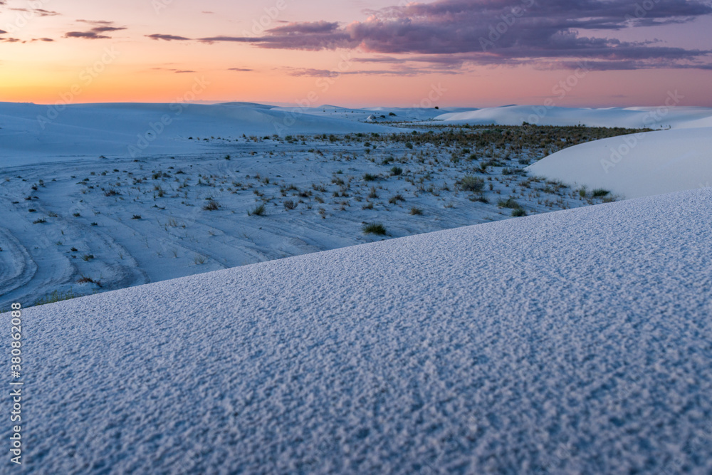 White Sands National Monument New Mexico Landscape at Dawn with First Light on Horizon White Sands National Monument New Mexico Landscape at Dawn with First Light on Horizon