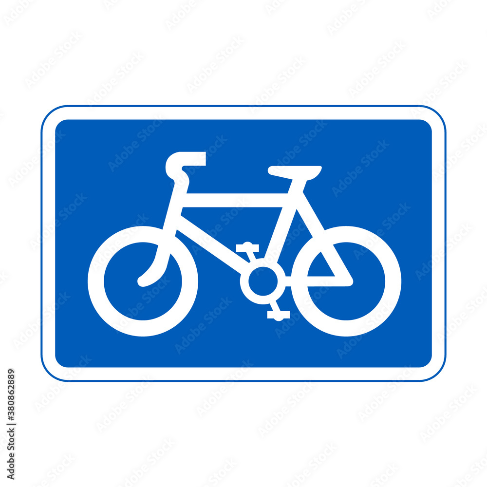 Cycle lane road sign. Route recommended for pedal cycles on main carriageway. Vector illustration of bicycles only traffic sign. Route for pedal bikes. White bike inside blue rectangle. Cycle lane road sign. Route recommended for pedal cycles on main carriageway. Vector illustration of bicycles only traffic sign. Route for pedal bikes. White bike inside blue rectangle.