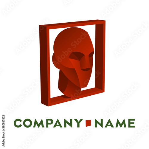 Decorative element for the logo. Stylized image of a human head in a square frame.